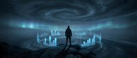 Silhouetted figure standing on rocky terrain overlooking glowing digital charts and data visualizations with swirling vortex sky, representing business analytics, future technology, and data-driven decision making.