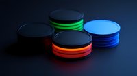 Glowing neon poker chips stacked on dark background with vibrant orange, green and blue colors creating dramatic lighting effects and reflections.