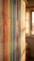 Colorful rainbow textile threads hanging vertically in traditional weaving loom setup. Handcrafted fiber art materials for artisan crafts and textile production.