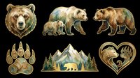Six watercolor bear clipart elements isolated on transparent background, ready for stickers, t-shirt design, print on demand, and sublimation crafts.