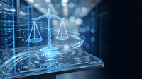 Digital justice scales hologram emerging from futuristic tablet with circuit board patterns and glowing blue light effects for legal technology concepts.