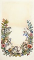 Watercolor rats and mice frame with autumn flowers, leaves and berries on vintage paper background for greeting cards and invitations.