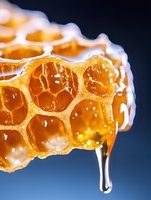 Fresh honeycomb with golden honey dripping from hexagonal wax cells against dark blue background, extreme close up macro photography showing natural texture and flow.