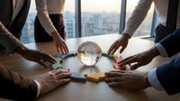 Business team assembling colorful puzzle pieces around a crystal globe on a conference table, symbolizing global strategy and teamwork.