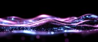 Abstract glowing waves with purple and blue light effects on black background, sparkling particles creating dynamic flowing motion pattern.