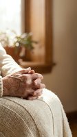 Elderly hands folded in prayer or contemplation, senior person sitting peacefully in warm sunlit room with soft natural lighting for wellness concepts.