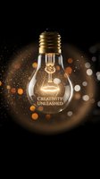 Glowing light bulb with creativity unleashed text on dark background with golden bokeh lights for innovation and inspiration concepts.