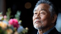 Thoughtful senior Asian man with gray hair and beard looking upward with contemplative expression in soft natural light for lifestyle and aging concepts.