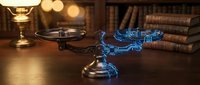 Vintage brass balance scale with glowing blue holographic technology overlay in classic library setting with warm ambient lighting and antique books.