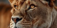 Close-up portrait of a majestic lioness with amber eyes against blurred natural background, showcasing wild feline beauty and intensity.