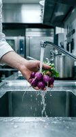 Male hand rinsing fresh purple radishes under running water in professional kitchen sink. Clean produce preparation for cooking or food service establishments.