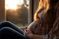 Pregnant woman in lace dress sitting by window during golden sunset, gentle hands resting on belly, intimate maternal moment captured in warm light.