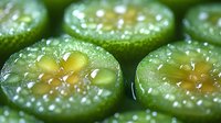 Fresh sliced green jalapeño peppers with seeds and membrane showing in macro close up view, highlighting texture and natural pattern for food photography.