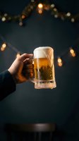 Hand holding a cold beer mug with foam head against dark background with warm bokeh lights, suitable for beverage advertising and bar promotions.