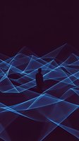Silhouetted male figure standing amid glowing blue geometric waves and interconnected lines against dark purple background, representing digital transformation, innovation, and technology concepts.