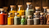 Assorted spices and herbs in glass jars with cork lids arranged on wooden shelf against rustic wood background for cooking and culinary seasoning storage.