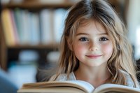 Young girl with long blonde hair smiling while reading book in library, natural lighting through window creates soft portrait atmosphere, education and childhood concept.