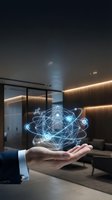 Close-up of businessman's hand holding glowing digital network globe with connected nodes and lines in modern office space for technology, innovation, and global connectivity concepts.