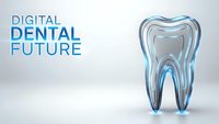 Modern digital dental technology concept with futuristic transparent tooth model and blue text on clean white background for healthcare innovation.