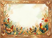 Roosters and hens with wildflowers and foliage arranged in ornate wooden frame border on cream background. Vintage farmyard design for invitations, cards, and poultry-themed projects.