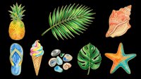 Watercolor tropical summer set with pineapple, palm leaves, seashell, starfish, ice cream, flip flop, and stones, isolated on transparent background, ready for clipart, stickers, and t-shirt design.