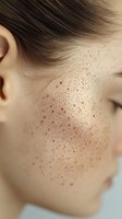 Close-up portrait of young woman with natural freckles on cheek and temple area. Soft lighting highlights skin texture and brown hair for beauty concepts.