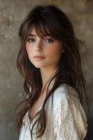 Young woman with long dark hair and bangs wearing white lace top poses against textured wall background, natural makeup and soft lighting create romantic mood.