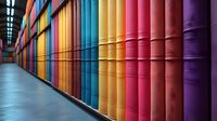 Colorful row of books spines on library shelves creating rainbow pattern, perspective view along corridor with vibrant hardcover volumes lined up neatly.