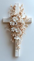 Elegant wooden cross adorned with delicate white and beige dried flowers against neutral wall background, perfect for religious ceremonies or memorial services.