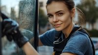 Young Caucasian woman in blue t-shirt and protective gloves smiling while cleaning window glass outdoors, professional cleaning service worker during work.