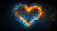 Heart-shaped cosmic nebula with vibrant orange and blue gas clouds against deep space background, symbolizing love in the universe.