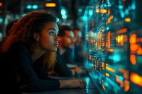 Young African American woman with curly hair looking at glowing digital interface display in dark room with cyan and orange technological illumination.