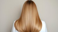 Young woman with long straight honey blonde hair shown from behind, demonstrating smooth, glossy, healthy hair texture against light background.