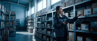 Professional warehouse worker in uniform checking inventory on metal shelving system in modern distribution center with natural lighting.