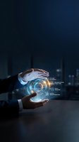 Businessman hands protecting glowing digital sphere with futuristic interface icons representing technology innovation and data security concepts.
