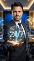 Professional businessman in suit holding glowing 24/7 digital globe in modern office representing continuous service and global connectivity.