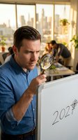 Caucasian male professional in blue shirt examining whiteboard with magnifying glass in modern office with city skyline view and colleagues working in background.
