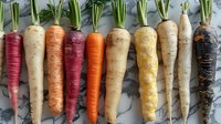 Fresh colorful heirloom carrots and parsnips arranged in rainbow order on marble background, showing natural organic variety in root vegetables for healthy eating.