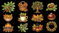Autumn harvest collection with isolated nuts, fruits, and seasonal elements on transparent background. Ready for t-shirt design, clipart, stickers, print-on-demand products, and sublimation projects.