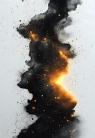Abstract black watercolor splash with glowing orange sparks and smoky effects on white background, cosmic nebula style artwork for modern wall decor.