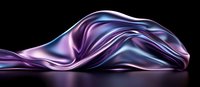 Luxurious flowing silk fabric in purple and blue colors creates abstract waves and curves against dark background, dramatic studio lighting highlights smooth texture.