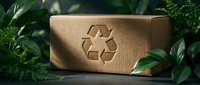 Eco-friendly cardboard shipping box with recycling symbol surrounded by lush green plants, promoting sustainable packaging and environmental responsibility.