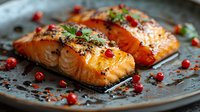 Grilled salmon fillets garnished with fresh pomegranate seeds, herbs and black sesame on dark plate. Close up view of glazed fish with golden crust.