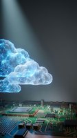 Digital cloud computing technology emerging from circuit board with glowing network connections, representing data storage, server infrastructure, and wireless connectivity for business applications.