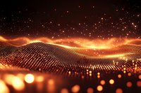 Abstract digital landscape with glowing golden particles forming undulating waves against dark background, sparkling bokeh effect creates magical atmosphere.