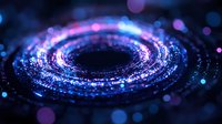 Glowing spiral of blue and purple light particles creating cosmic vortex effect against dark background, abstract circular motion blur with bokeh elements.