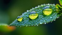 Macro photography of morning dew drops on green leaf reflecting sunlight and nature. Crystal clear water droplets create natural lens effect showing forest landscape.