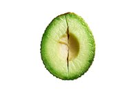 Fresh avocado half slice with pit removed isolated on white background for healthy cooking and nutrition design projects.