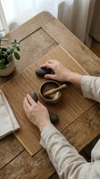 Woman hands grinding spices with mortar and pestle on rustic wooden table in natural kitchen setting for cooking preparation and culinary arts.