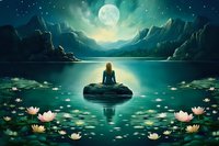 Serene woman meditating on rock in mystical lake surrounded by glowing lotus flowers under full moon and mountains, reflecting in turquoise water.
